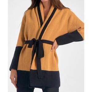 NEW ELAN belted color block cardigan in curry/black